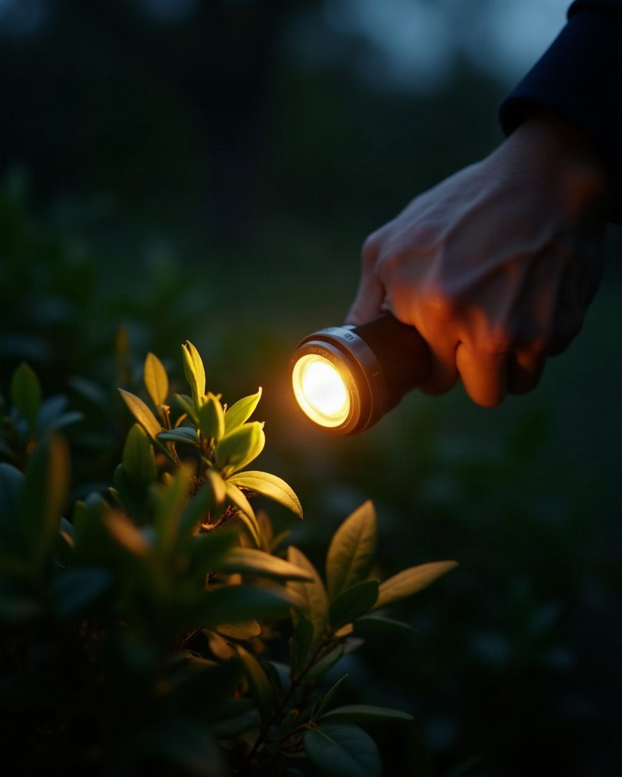 A hand holding a torch over garden foliage at night, leaves lit from close range, dark garden beyond
