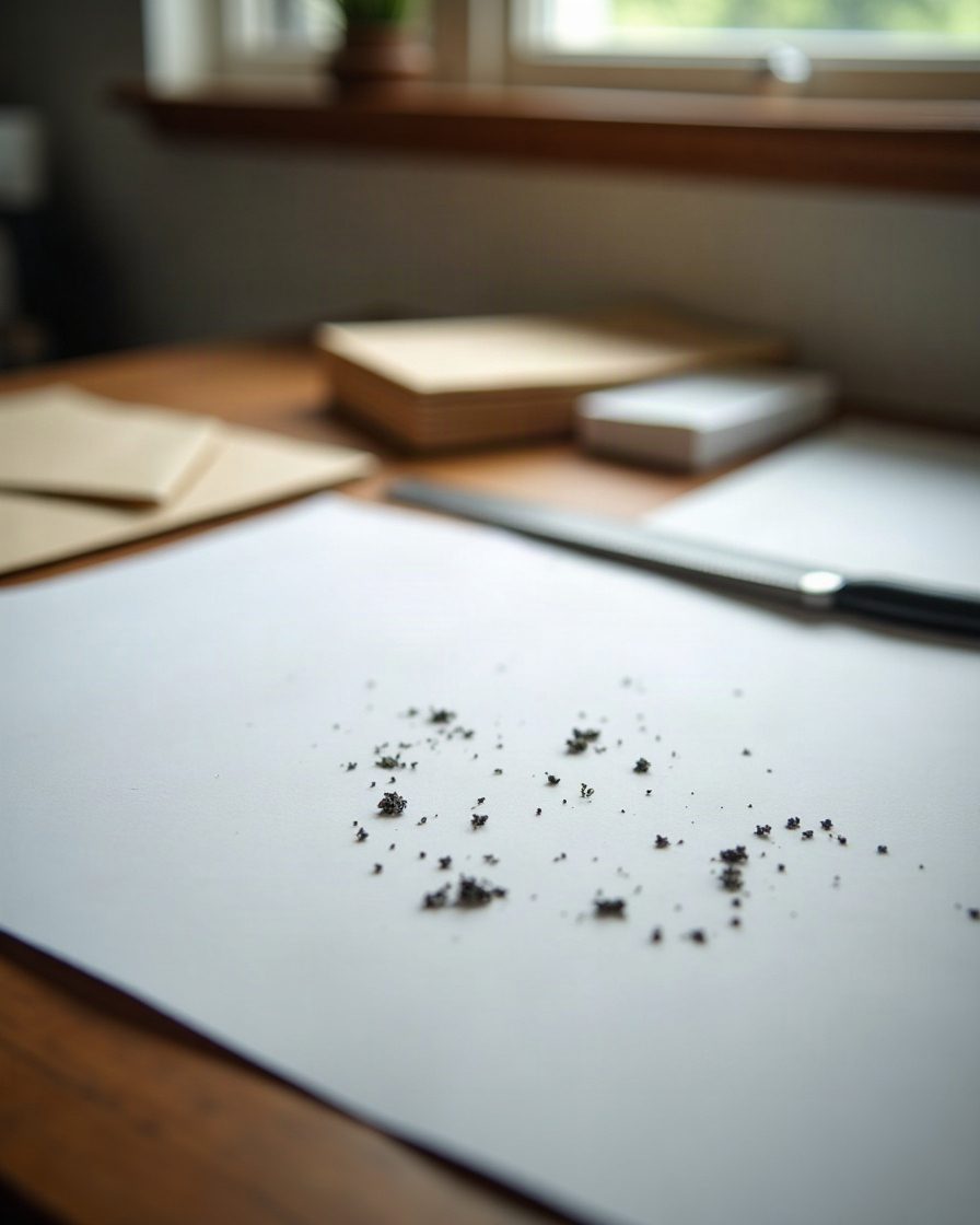 A sheet of white paper on a kitchen table with several small dark specks tipped onto it beside a folded envelope