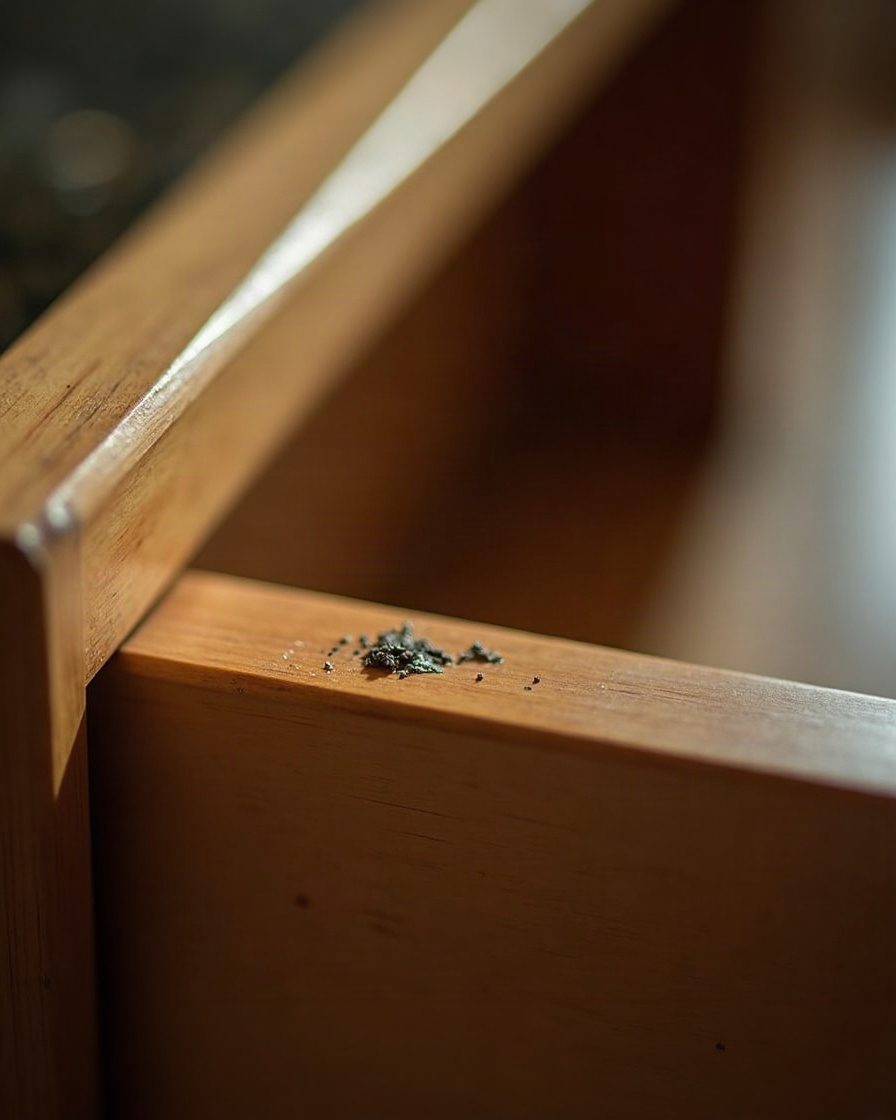 Close macro of a kitchen drawer corner in raking torch light showing fine dark grit along the joint