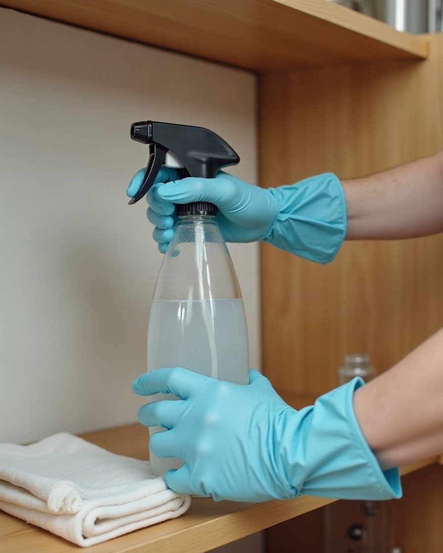 Hands in disposable gloves holding a spray bottle over a kitchen shelf lined with paper, a folded cloth beside