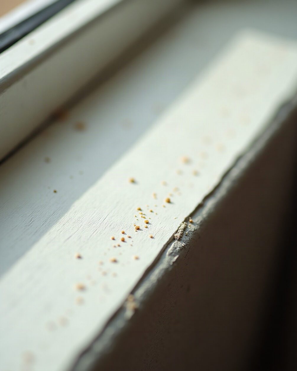 Close macro of a pale painted windowsill in bright daylight with a scattering of very small pale specks along the