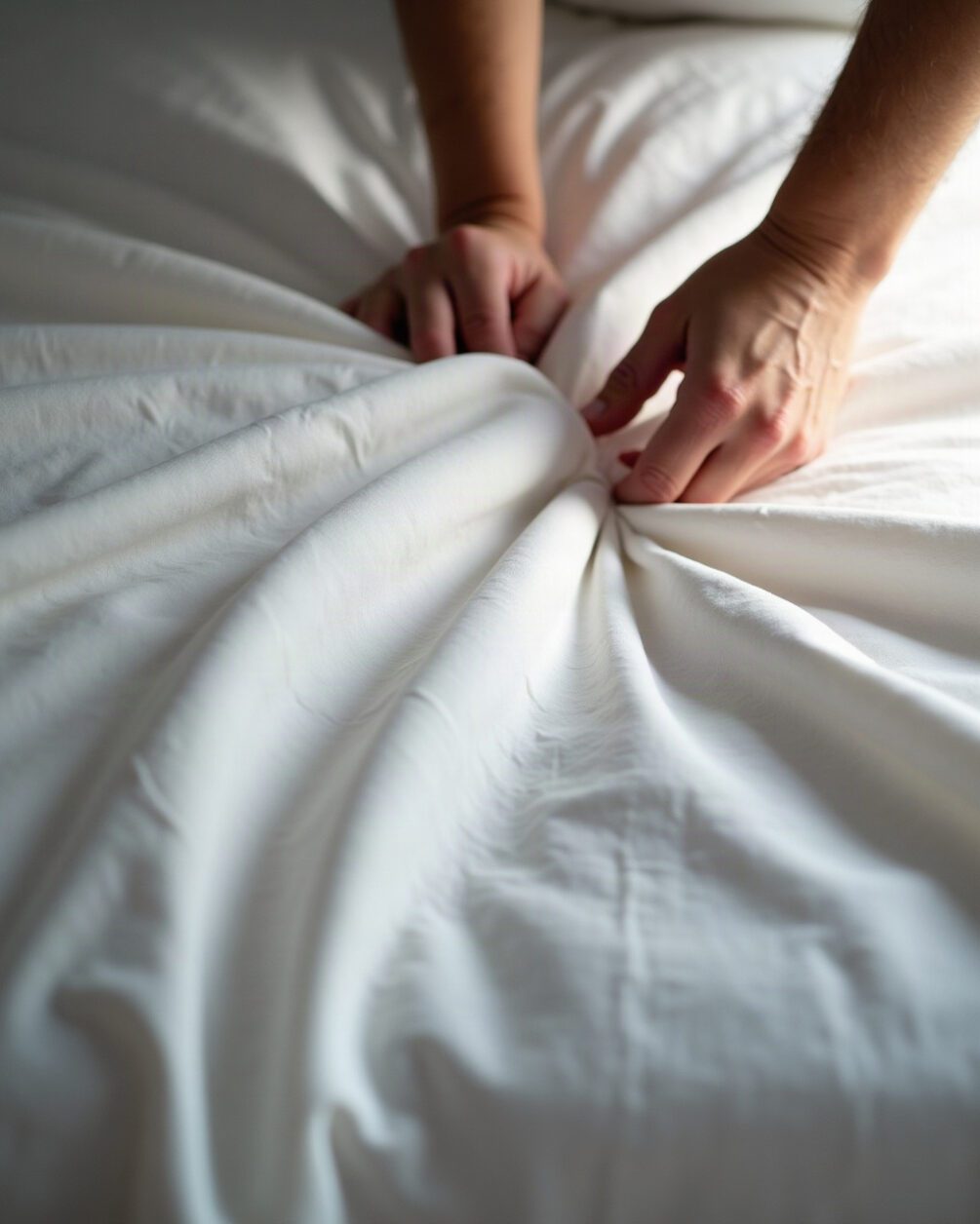 Hands turning back a white fitted sheet at a mattress seam under torch light, plain white bedding