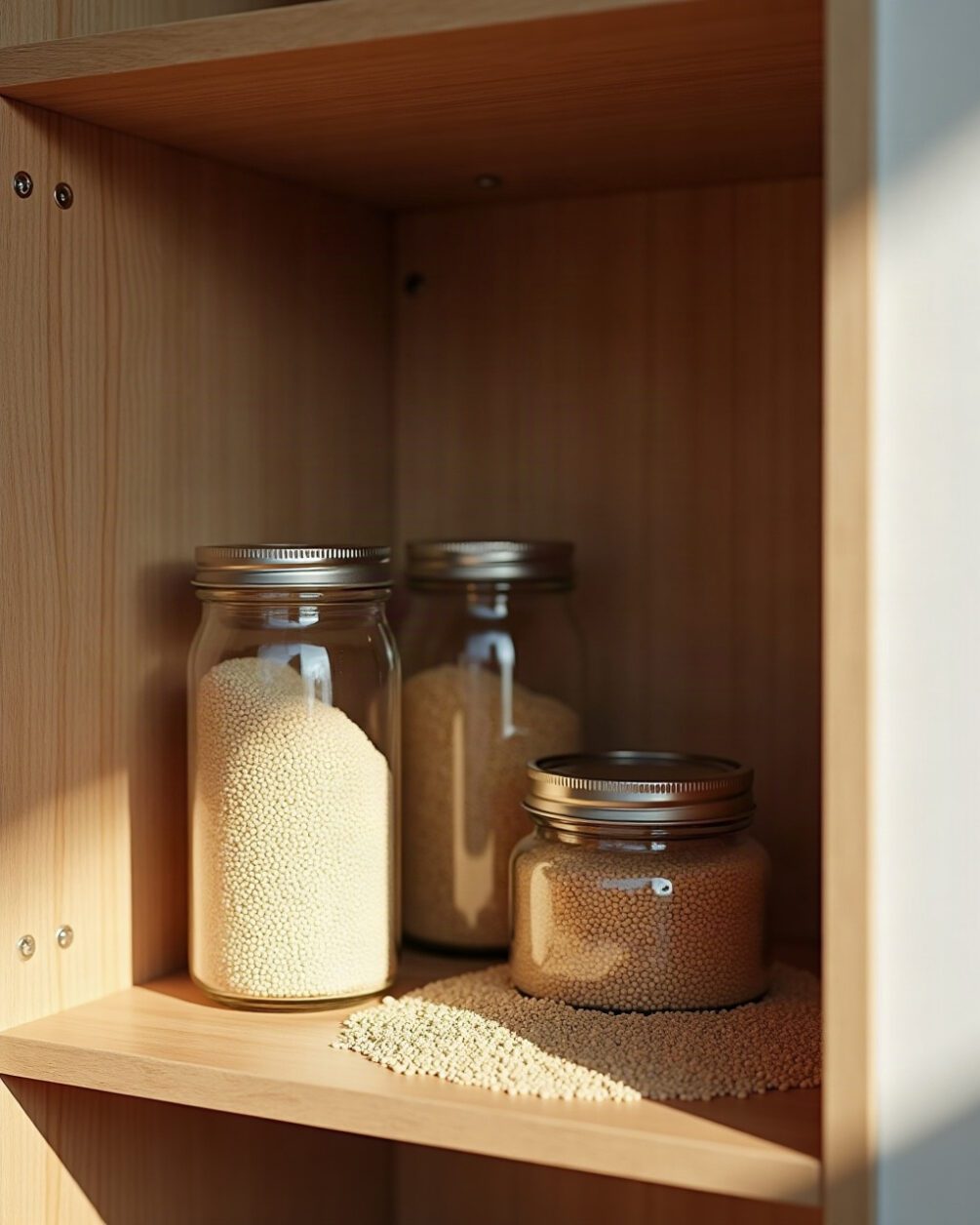 Open kitchen cupboard shelf in soft daylight with plain glass jars of dry grains and a few loose grains scattered