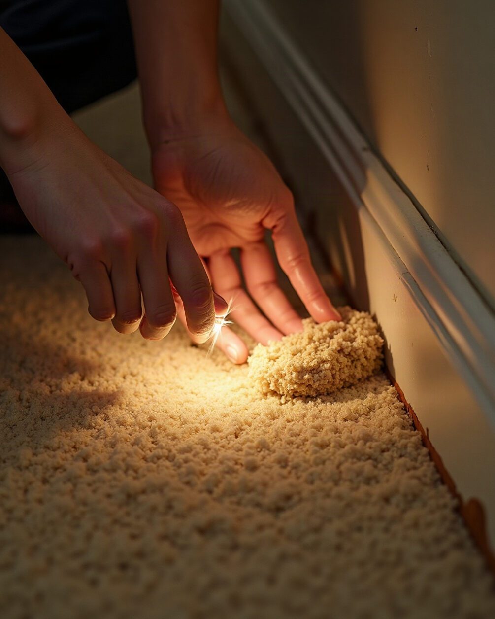 Hands parting the pile of a beige carpet near a skirting board with a torch beam across the fibres