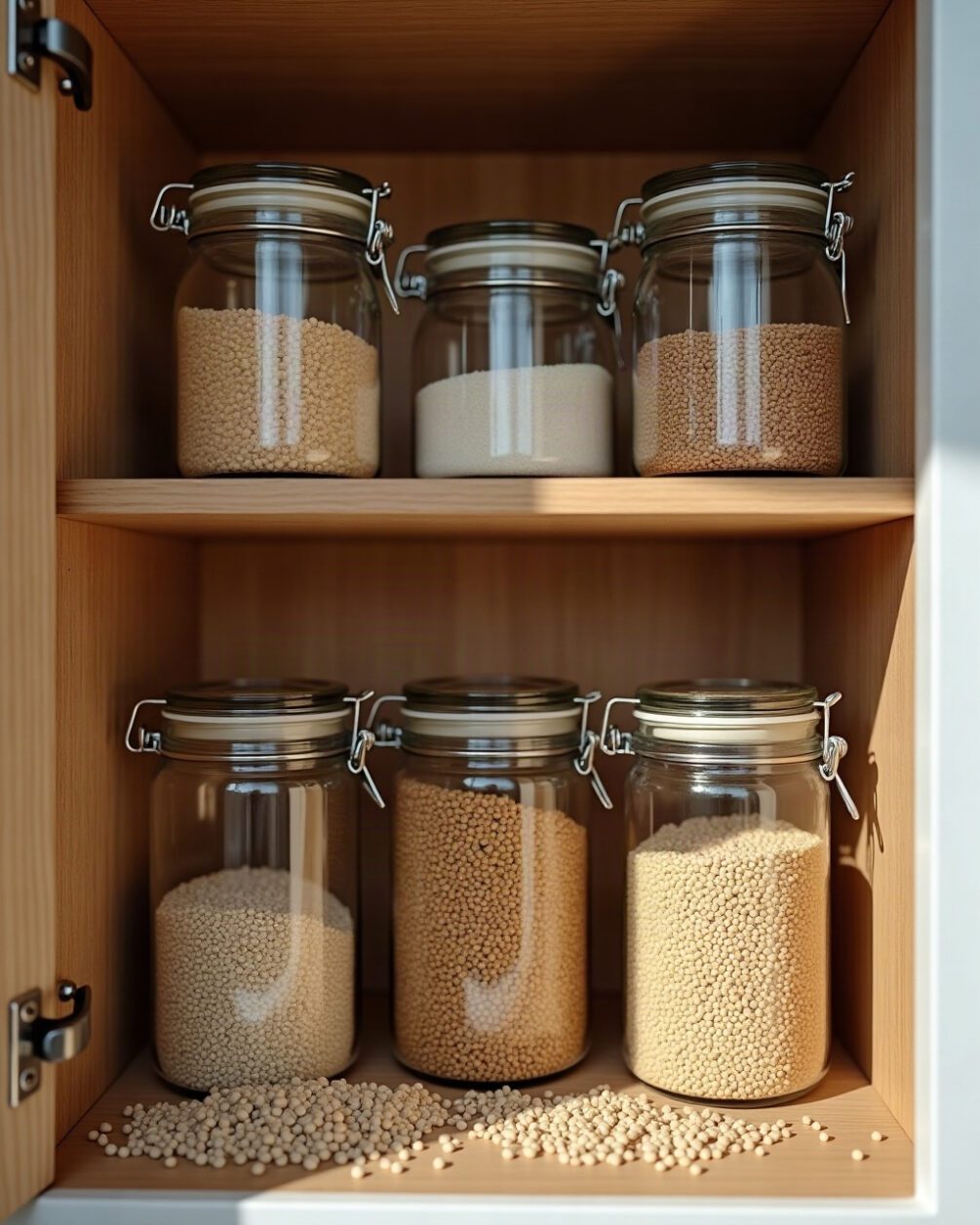 Open kitchen cupboard interior in daylight with plain glass jars of dry grains on a wooden shelf
