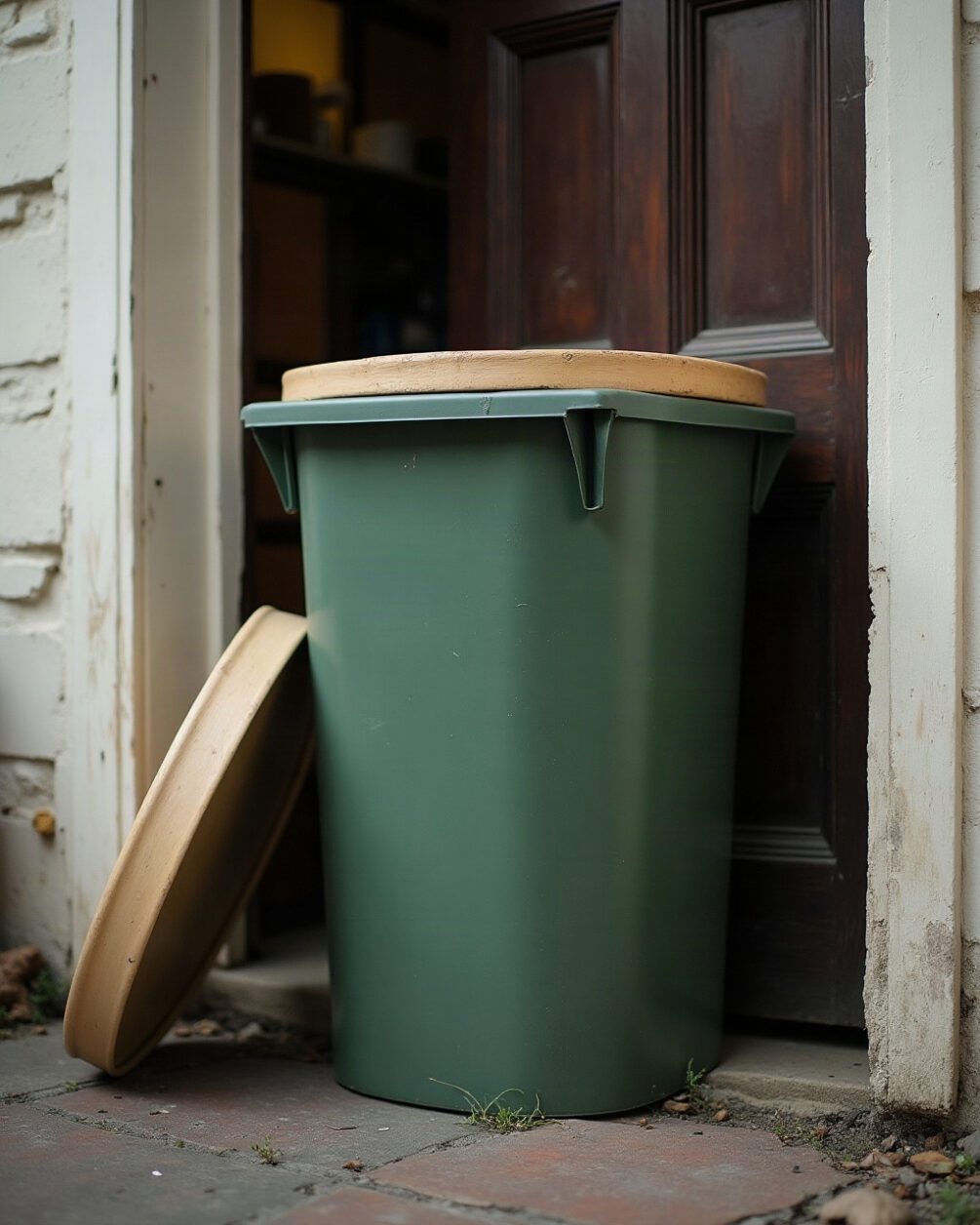 Kitchen bin lid propped open beside a back door in daylight