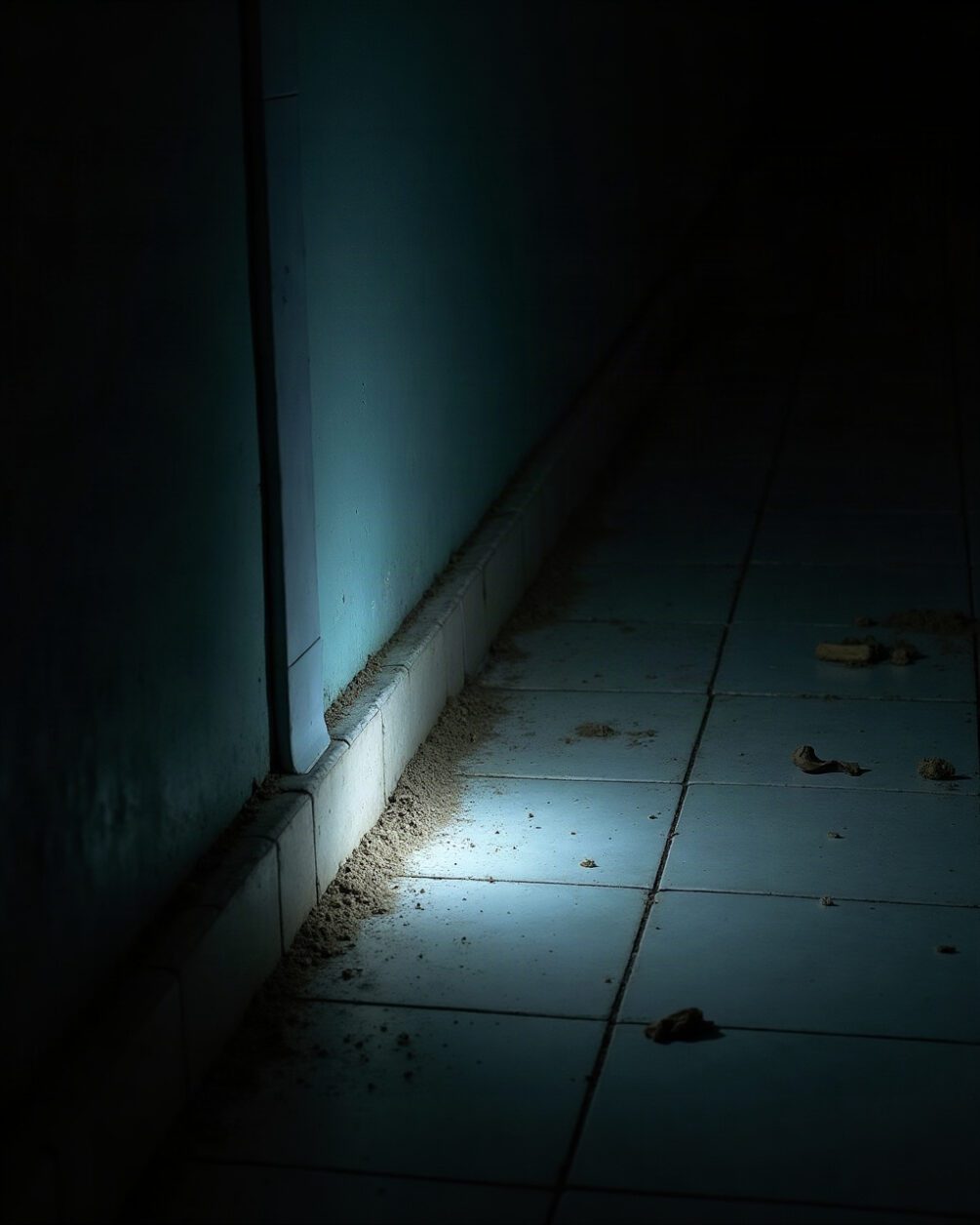 Hallway floor and skirting board junction at night lit by a torch beam raking along the gap