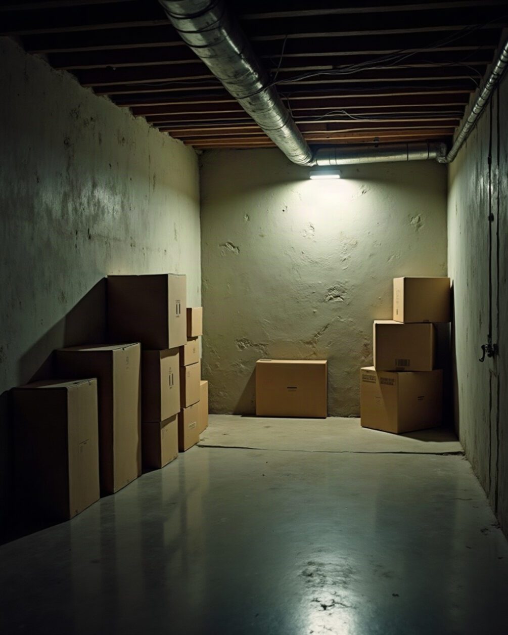 Damp basement wall and concrete floor junction, cardboard boxes stacked to one side, torch light across the corner