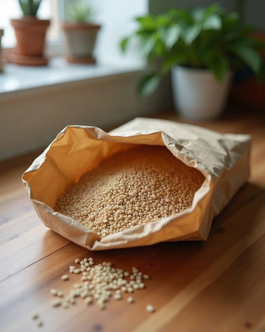An open paper bag of dry grains on a kitchen worktop with the contents visibly clumped together and fine silk