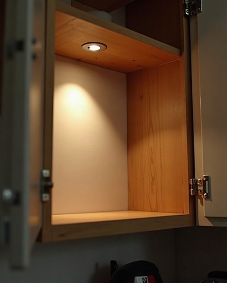 Looking upward into an open kitchen cupboard at the underside of the shelf above, torch beam angled into the corner