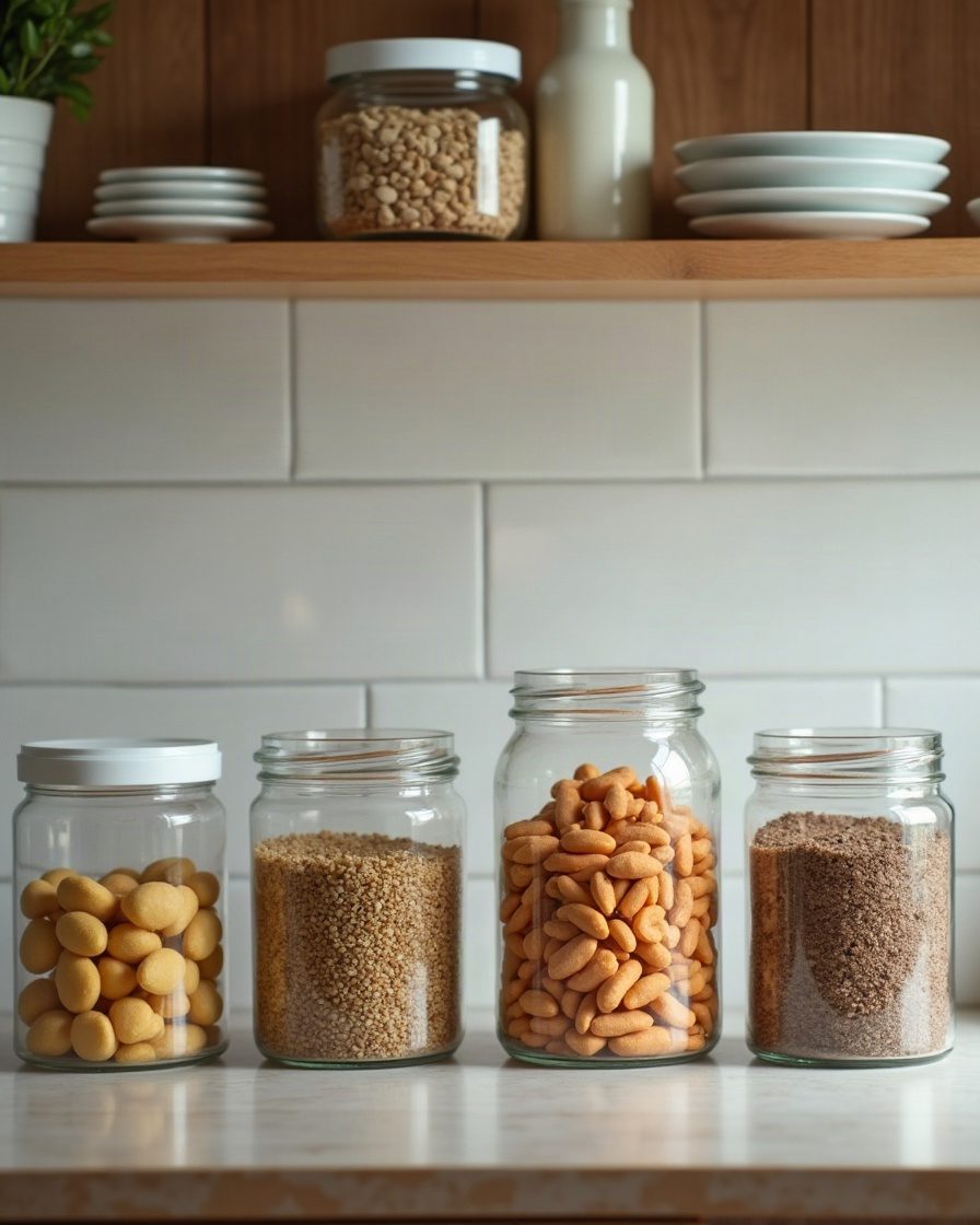 Kitchen worktop with glass storage jars filled with dry goods lined up beside empty paper packets