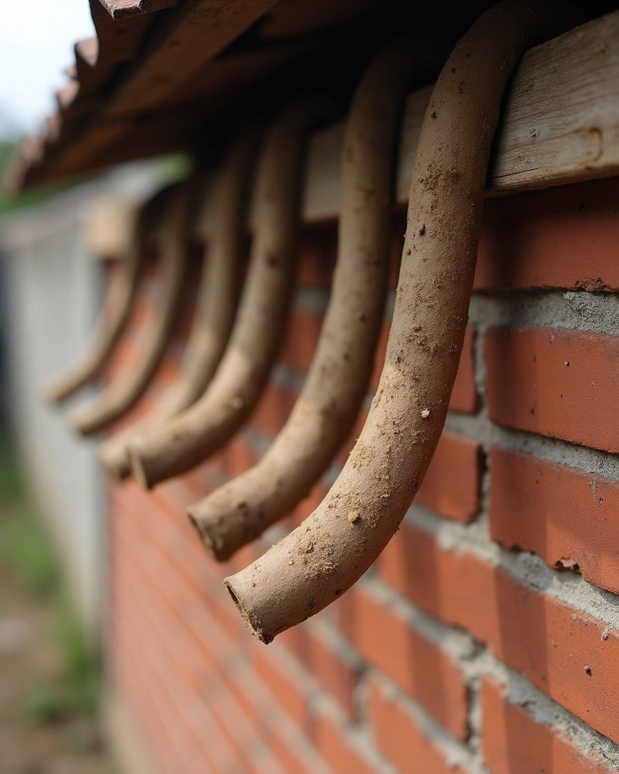Several finger-length dried mud tubes attached side by side to a sheltered brick wall beneath an overhang