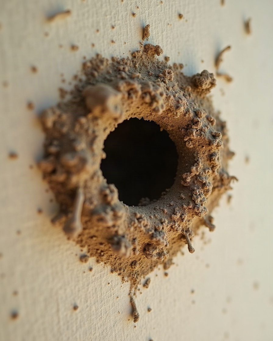 Close view of a dried mud nest on a wall with one small round hole opened in its surface, plain exterior detail