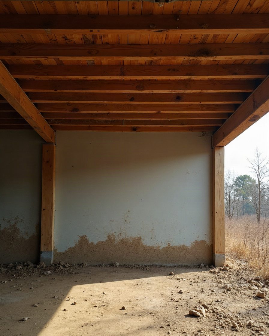The sheltered underside of a garage roof overhang seen from below with dry mud structures on the timber