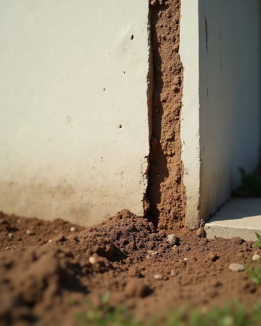 An exterior house foundation wall meeting soil with a narrow vertical ridge of dried earth running up the bare