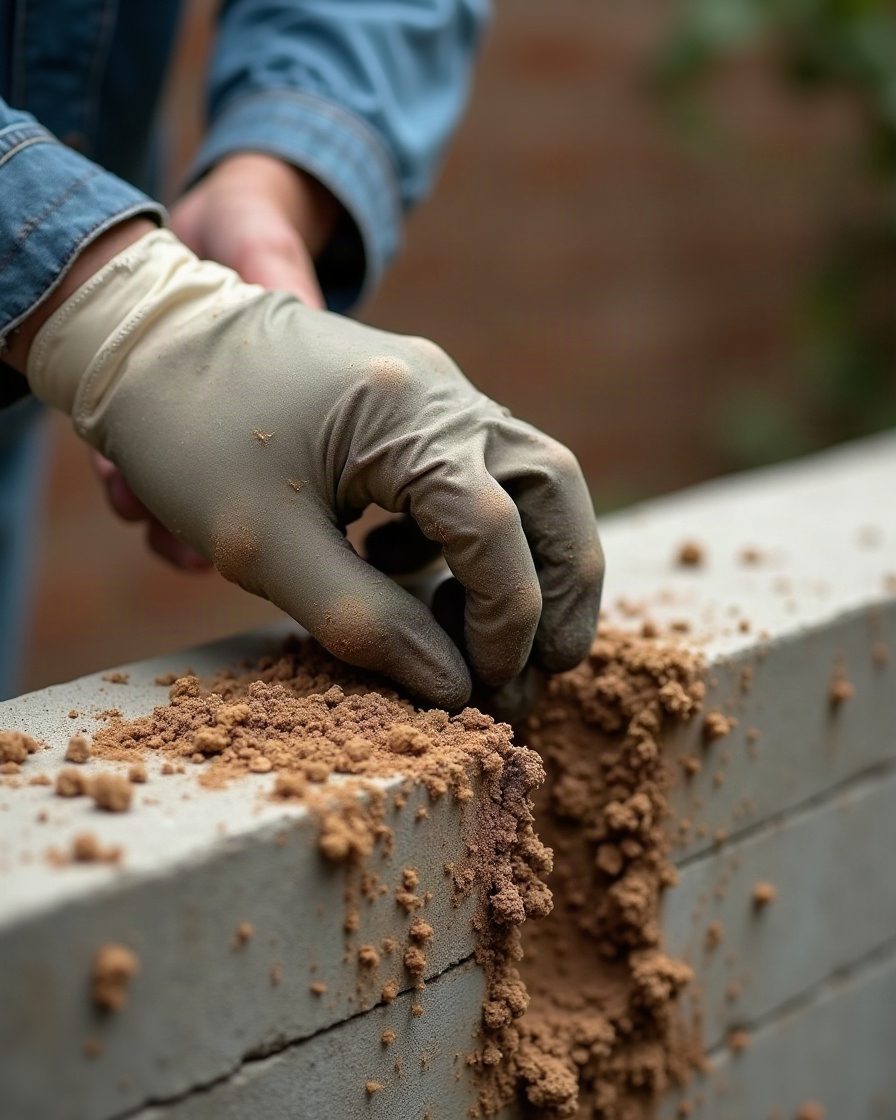 A gloved hand breaking a small section from a dried earth tube on a concrete wall, the broken ends visible