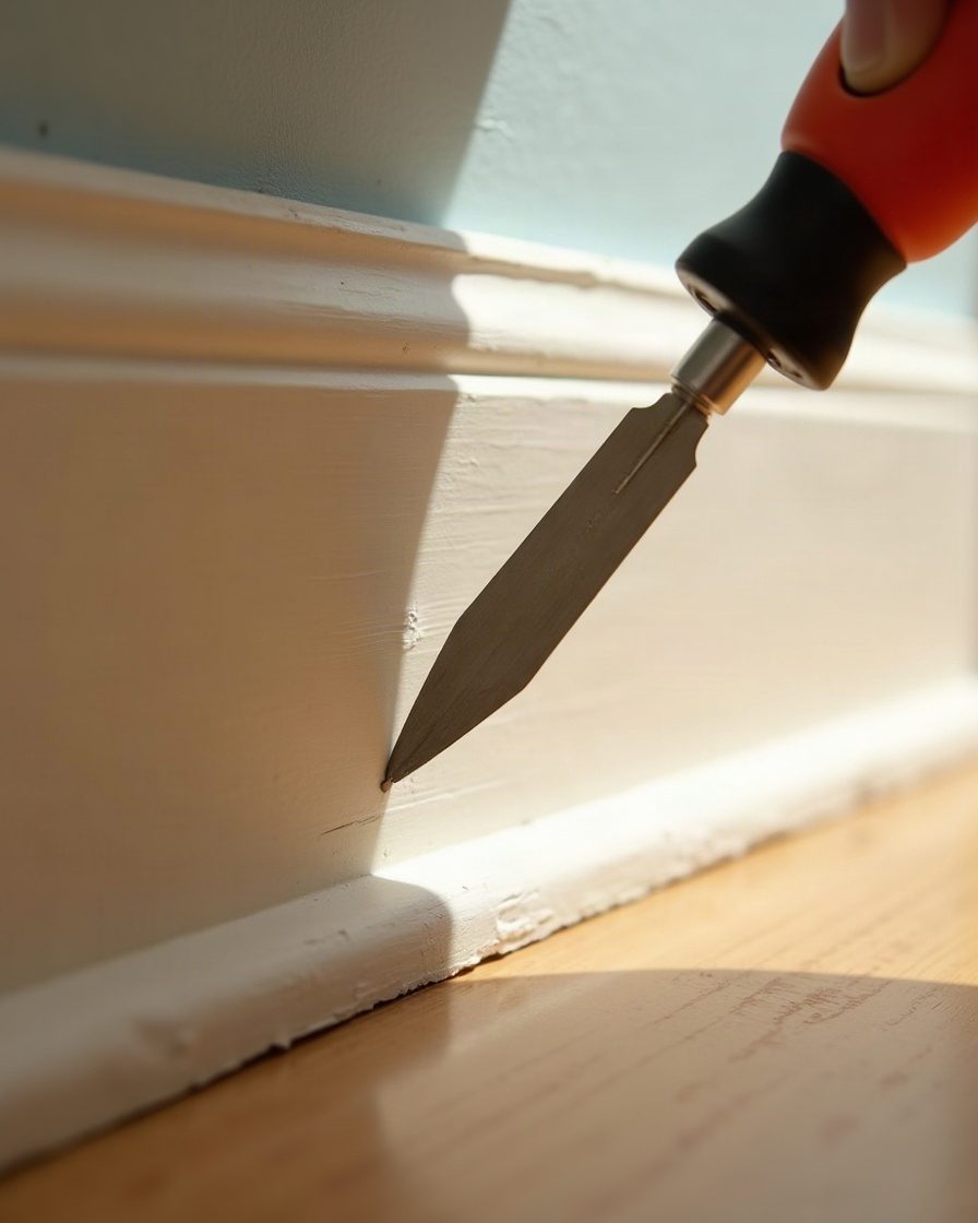 A flat-bladed screwdriver pressed into a painted timber skirting board at floor level, the surface slightly dimpled