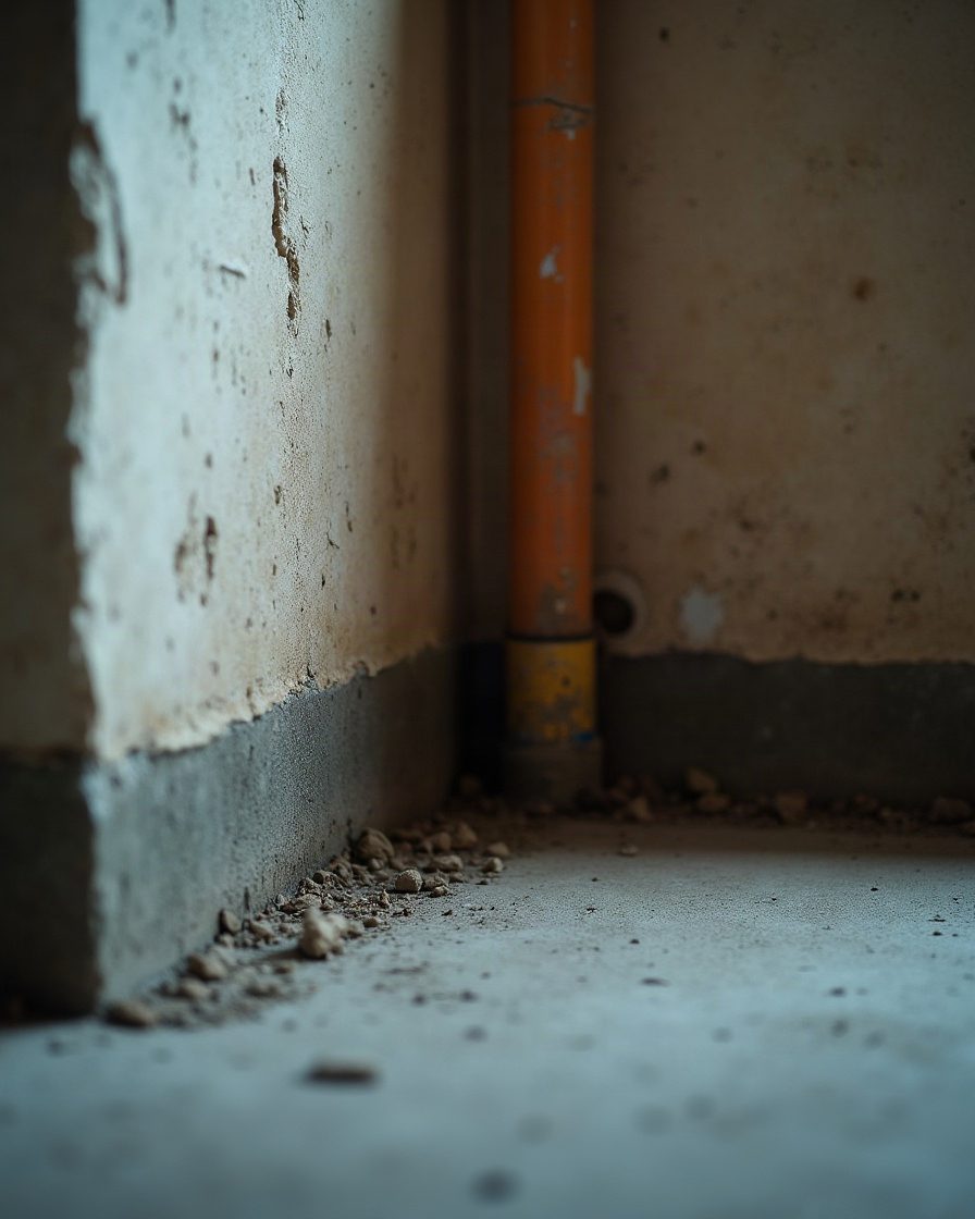 A basement or utility room corner where a concrete floor meets a rendered wall
