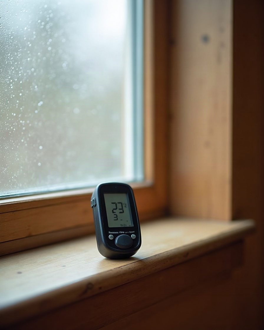 A small digital humidity meter resting on a wooden windowsill in a plain room, condensation on the glass behind