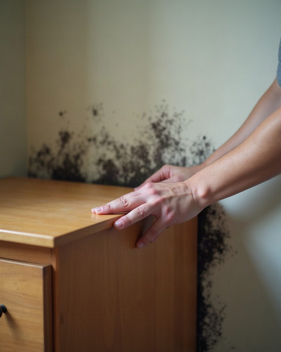 Hands pulling a chest of drawers away from a bedroom wall to reveal faint dark discolouration on the plaster behind