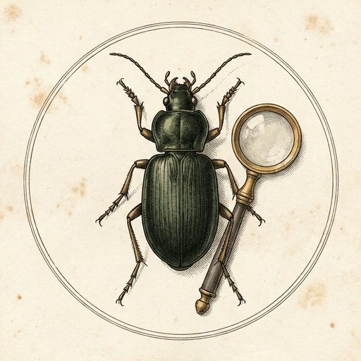 Natural history plate of a ground beetle beside a magnifying lens