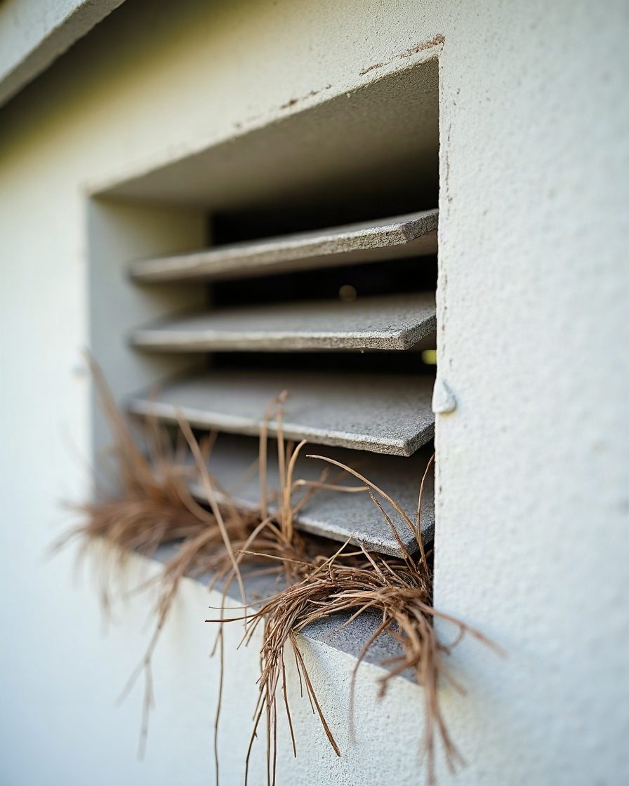 An exterior wall vent grille with dry grass and twig material protruding from behind the louvres