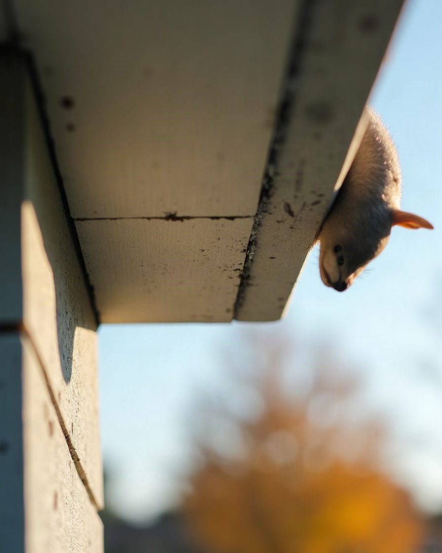 A roof soffit and fascia junction seen from below with a gap at the board joint and a few pale feathers caught at