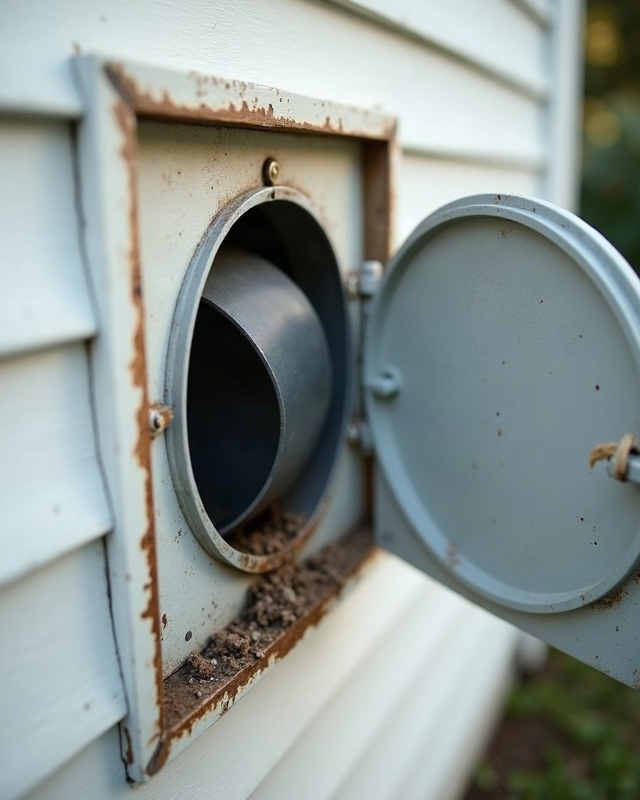 A tumble dryer vent outlet on an exterior wall with a hinged flap held slightly open by debris behind it
