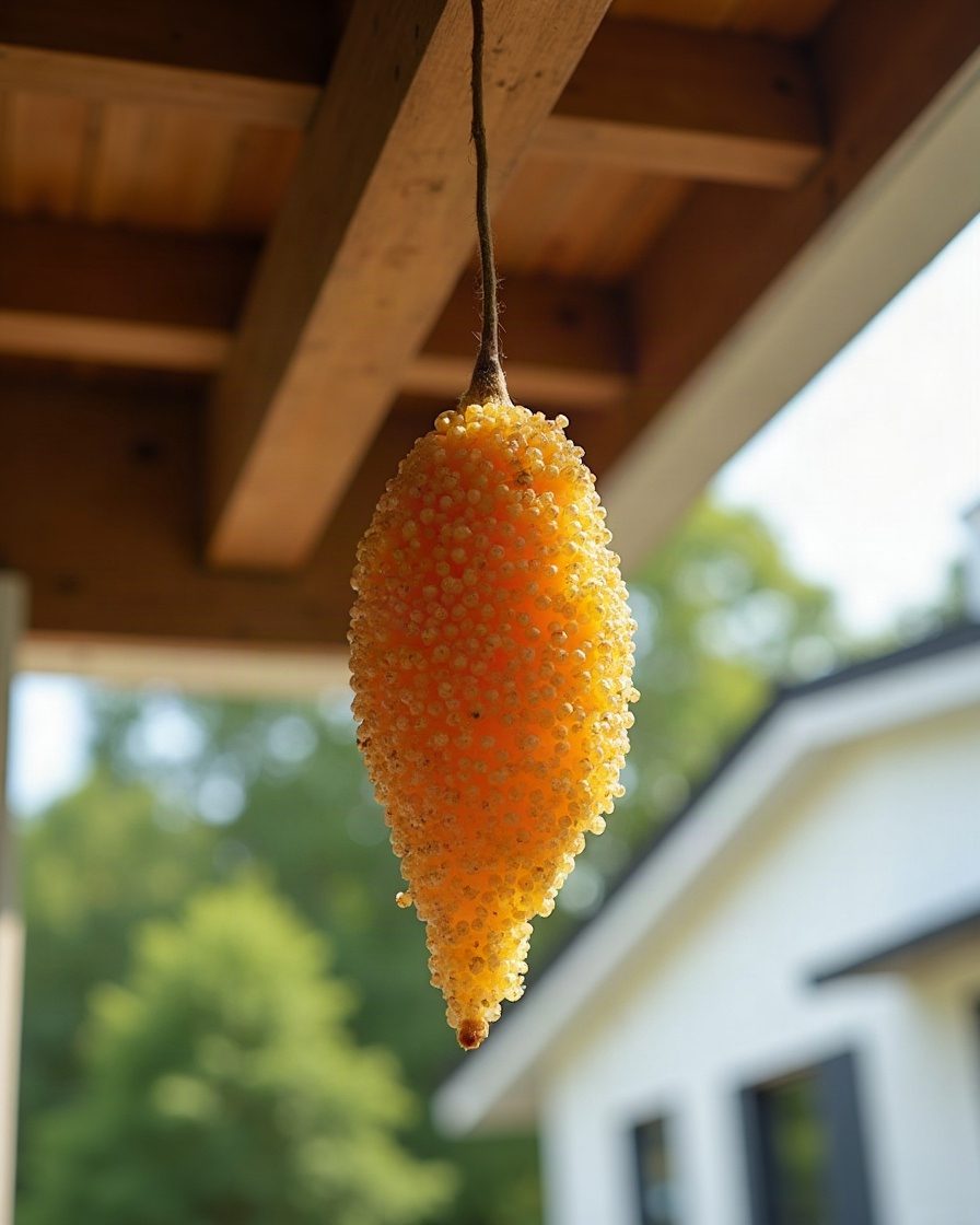 A small open comb of hexagonal cells hanging by a short stalk beneath a wooden porch roof, cells visible from below