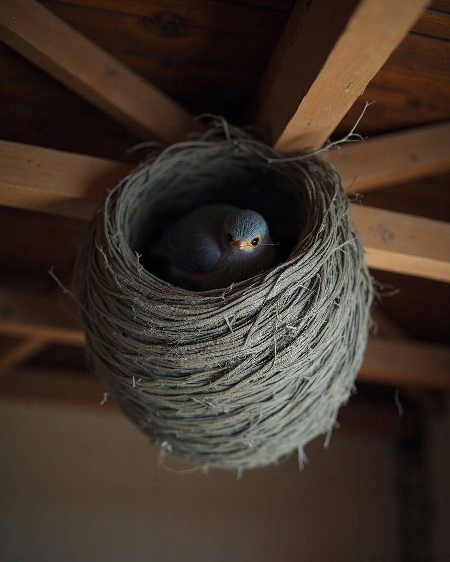 A large enclosed grey papery nest with a swirled layered surface attached high in a roof space among bare rafters