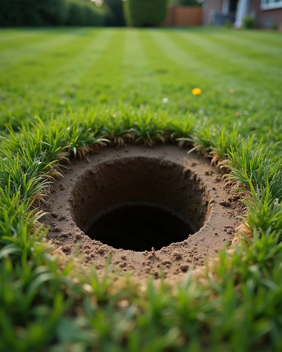 A small hole in a grassy bank at the edge of a lawn with bare worn soil around the entrance, summer daylight