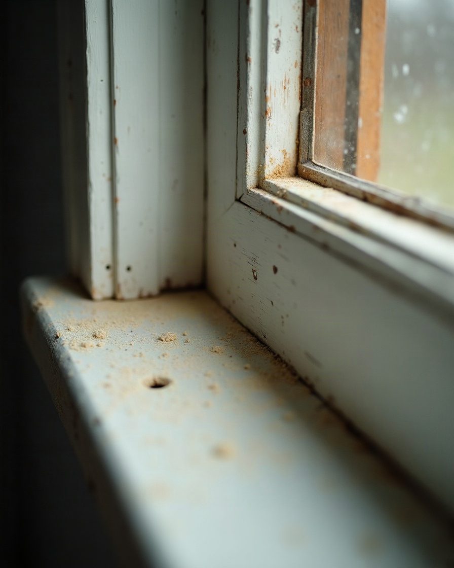 Close view of a painted timber window frame in daylight with a few small round holes in the wood and a trace of