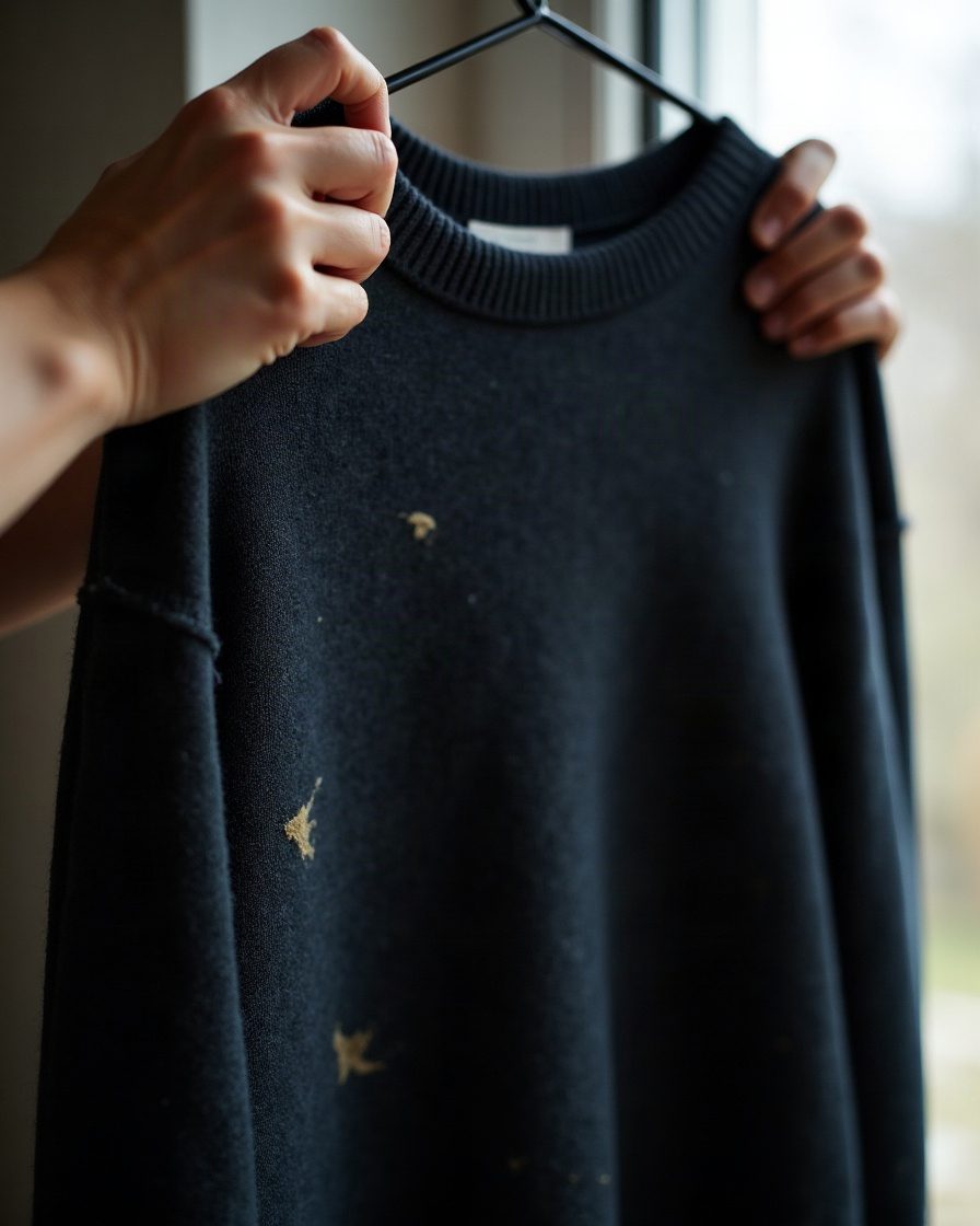 Hands holding a dark wool jumper up toward a window