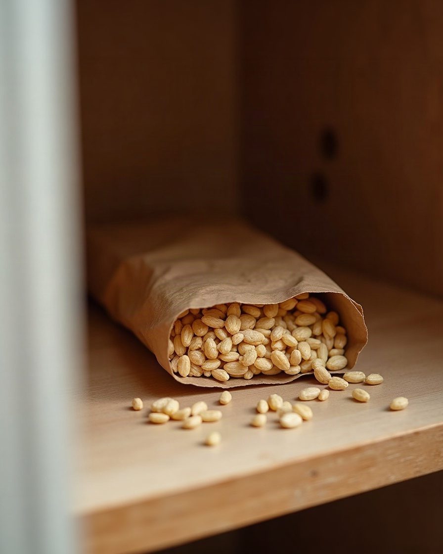 Open kitchen cupboard with a paper packet of dry goods showing a chewed corner and loose grains on the shelf liner