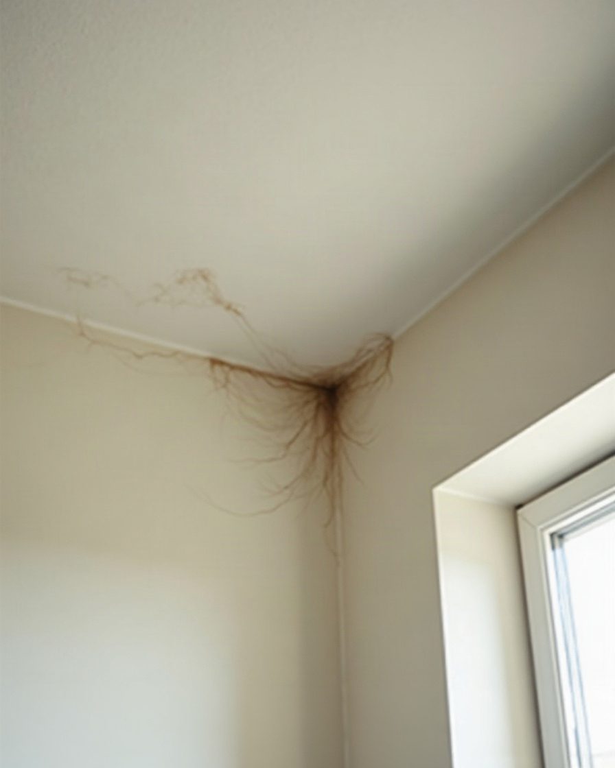 A plain white ceiling corner meeting two walls in daylight with a faint dusty cobweb strand in the angle