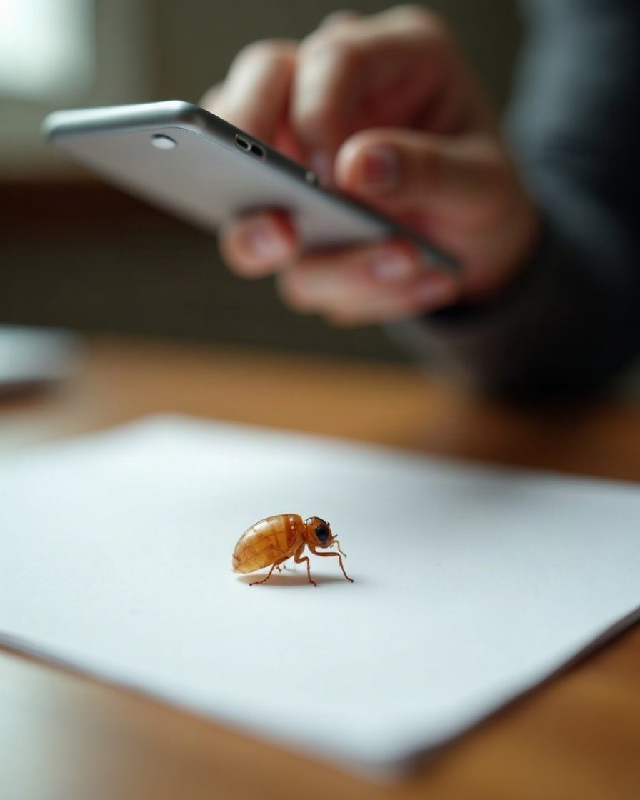 A sheet of white paper on a table holding a small hollow translucent insect moult