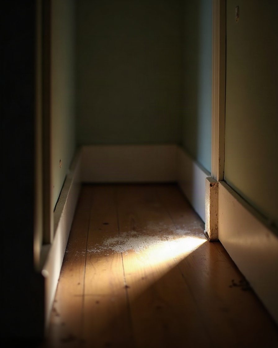 A torch beam raking along a skirting board junction in a dim hallway, dust visible in the beam