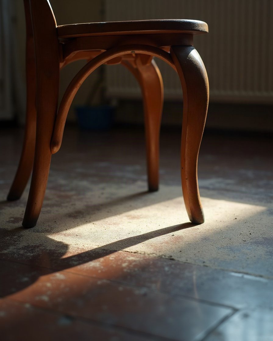 A fine pale dust trace on a dark wooden floor beneath the leg of an old wooden chair