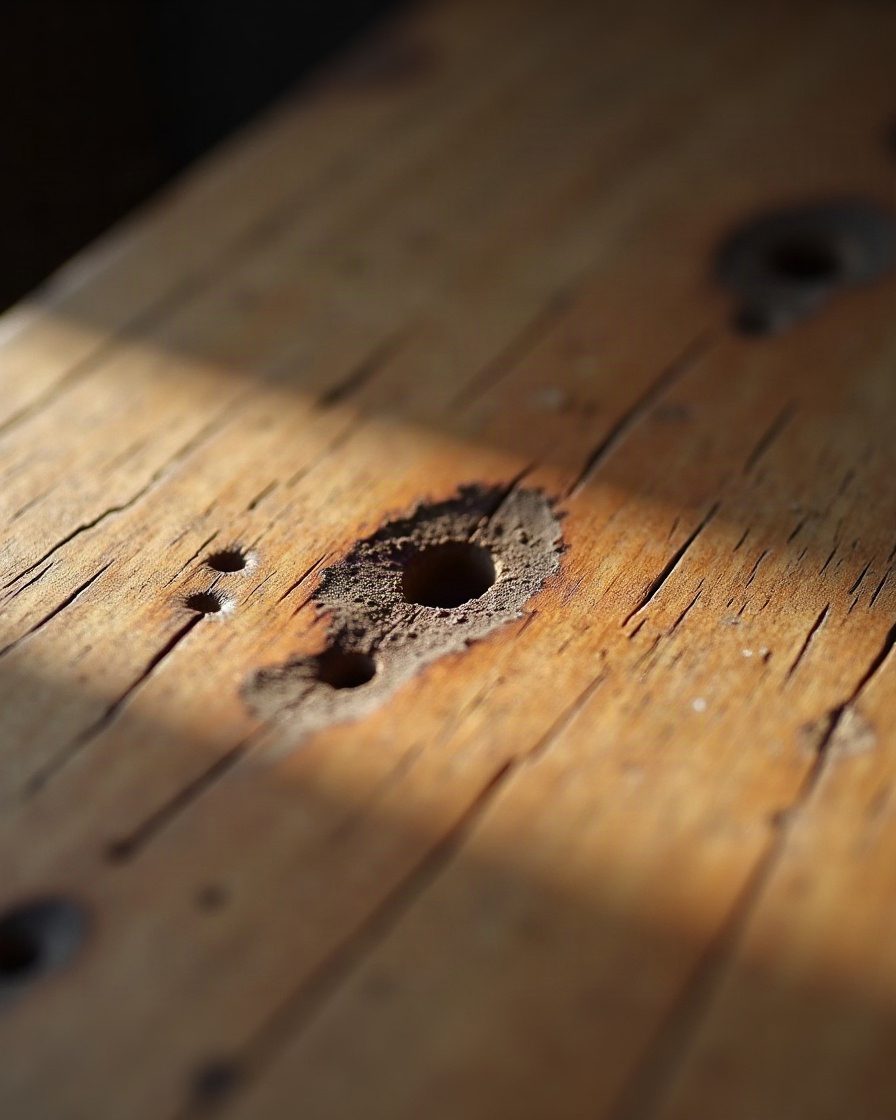 Close view of an old timber surface with several small round holes about the size of a pinhead