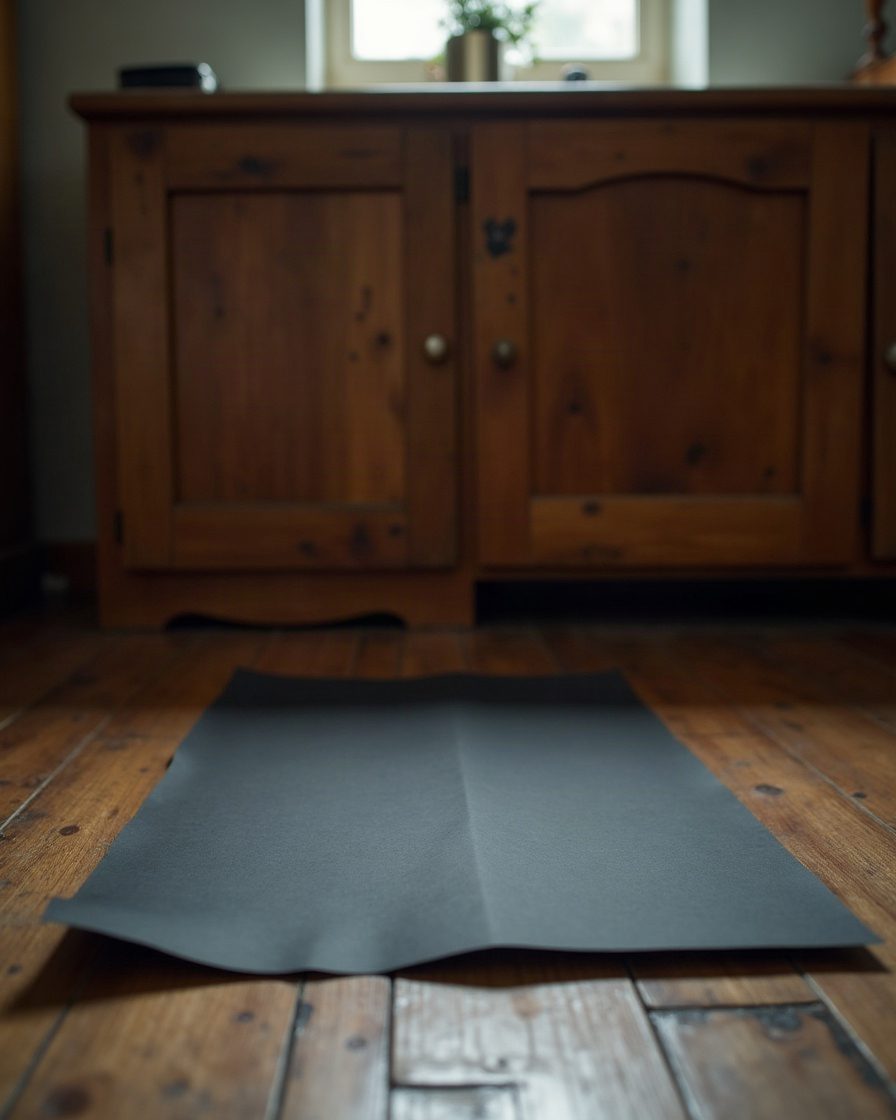A sheet of dark paper laid on a floor beneath an old wooden cabinet, plain domestic interior