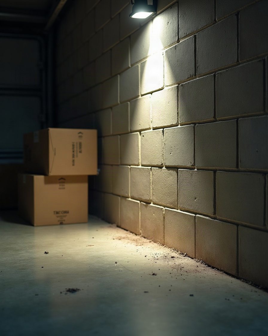 A garage floor corner against a breeze block wall under a torch beam