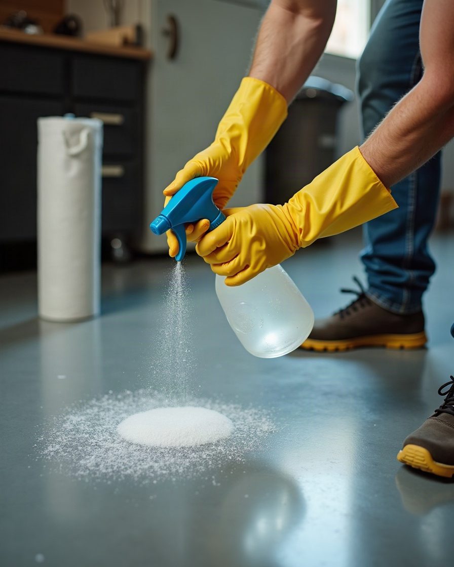 Hands in disposable gloves holding a spray bottle over a garage floor