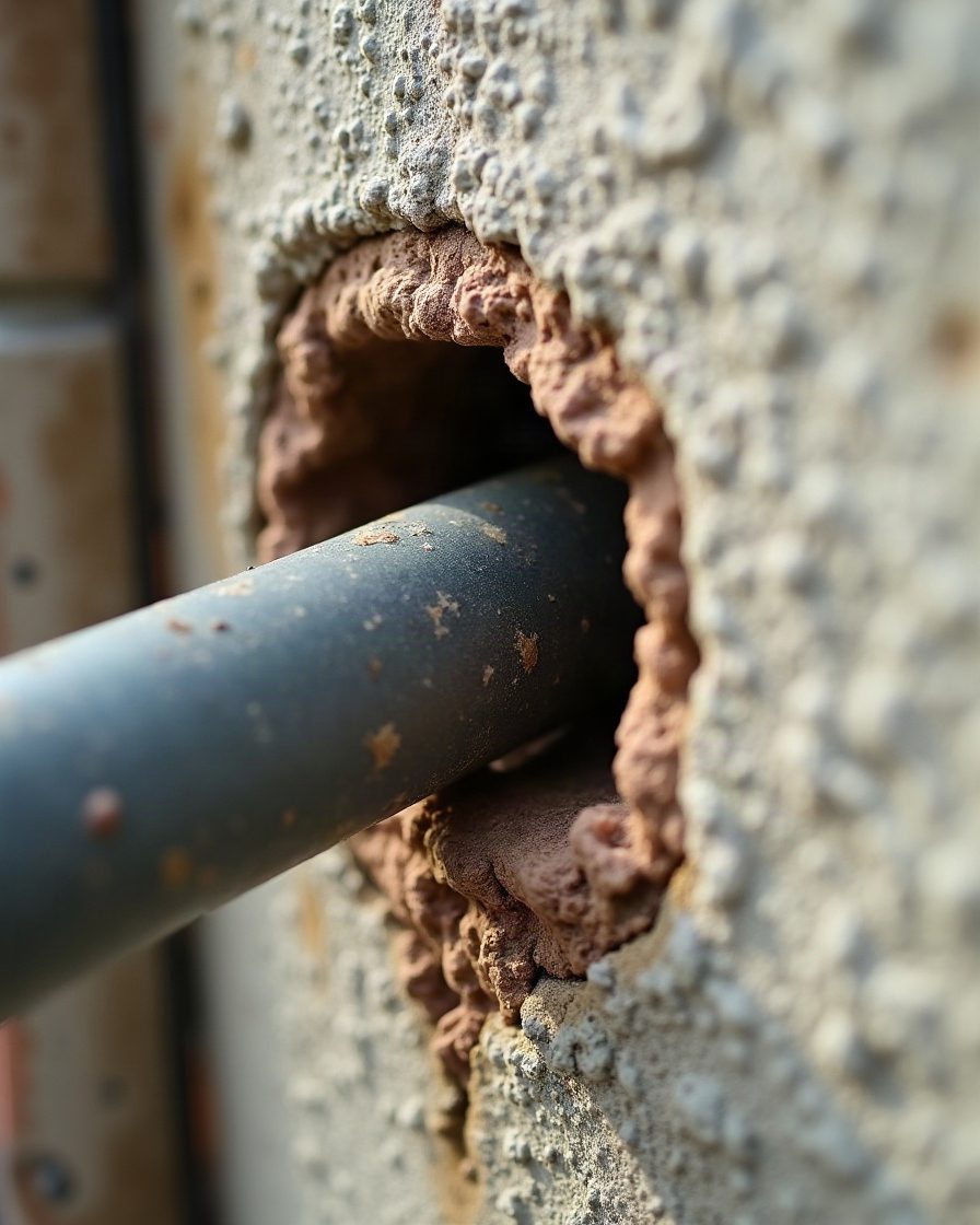 Close view of a gap where a pipe passes through an exterior wall, coarse mortar and a visible void around the pipe