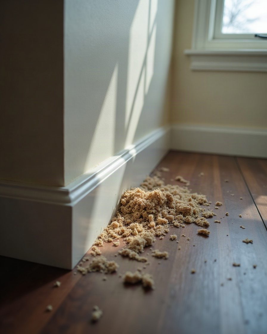 A small pale pile of wood debris on a dark wooden floor at the base of a skirting board, raking window light