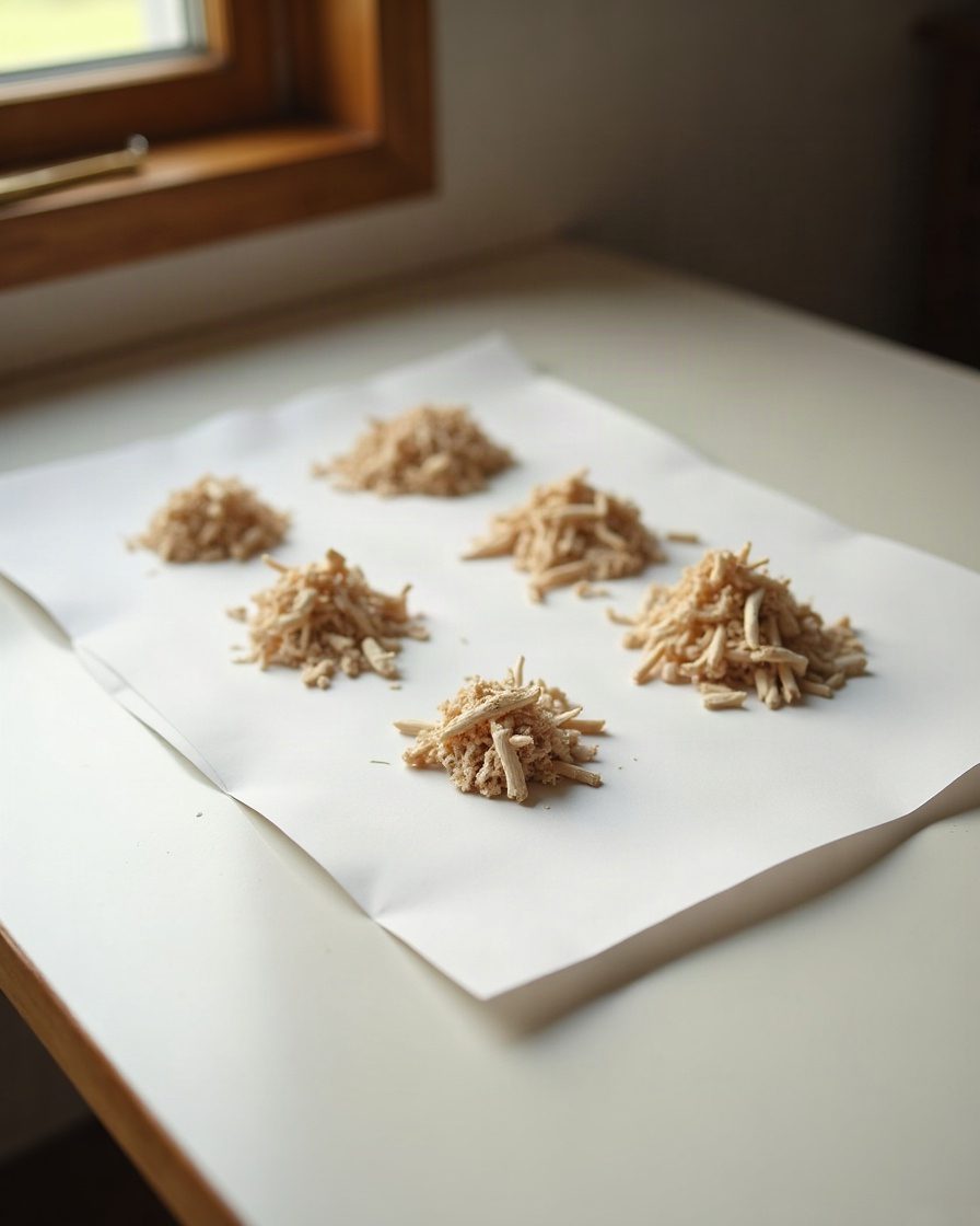 Four small separate heaps of pale wood debris arranged on a sheet of white paper on a table