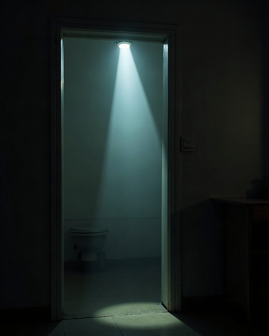 A torch beam angled up into the corner where a ceiling meets a wall above a doorframe