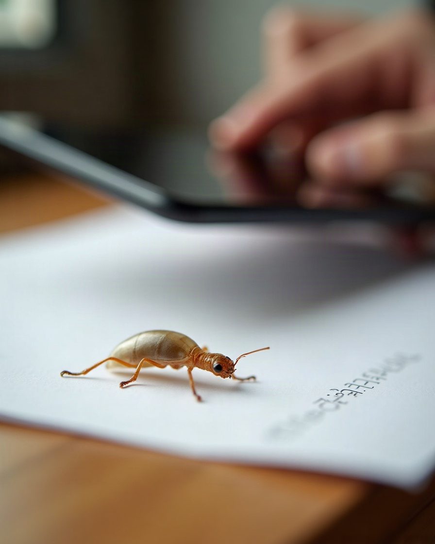 A sheet of white paper on a wooden table with a small hollow translucent insect moult resting on it