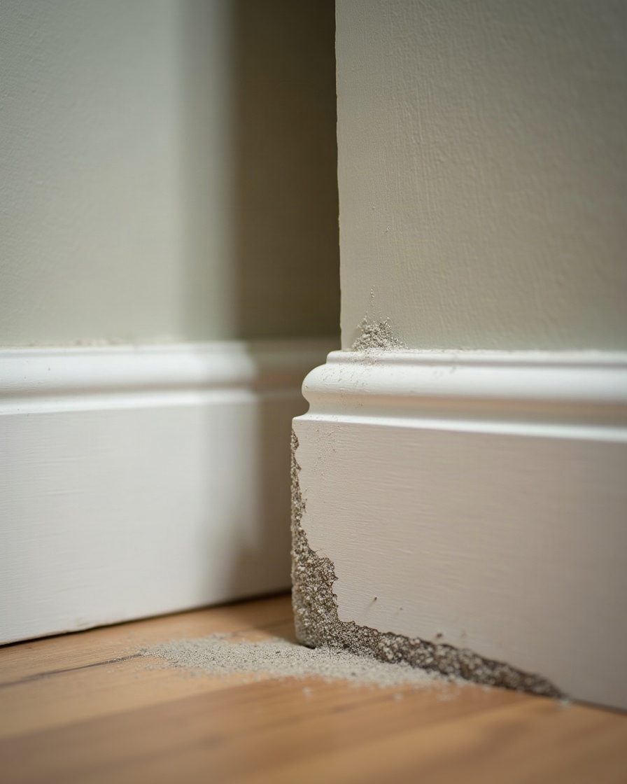 Close macro of a skirting board junction with fine grey lint and dust in raking torch light