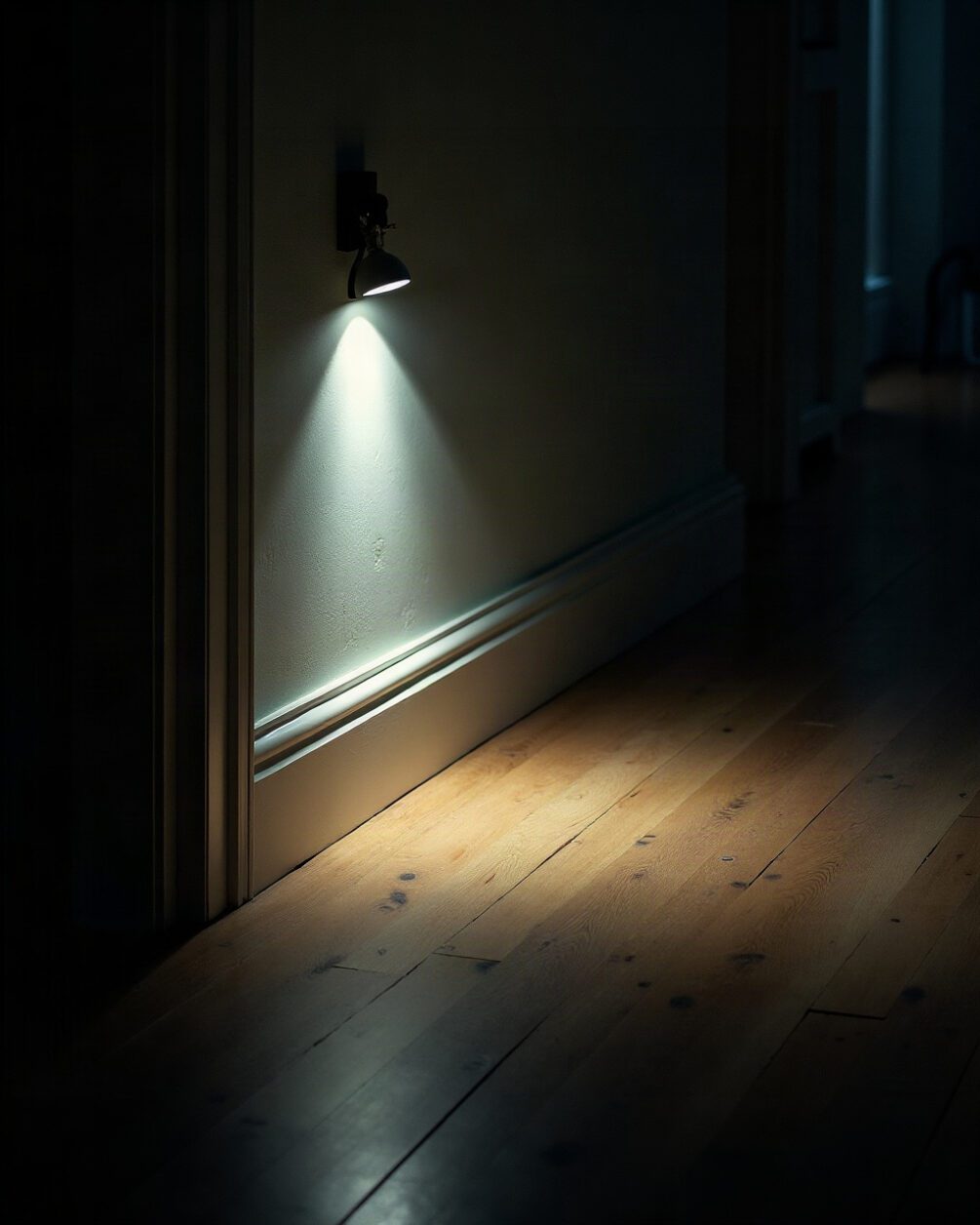 Hallway floor and skirting board junction under a torch beam at night