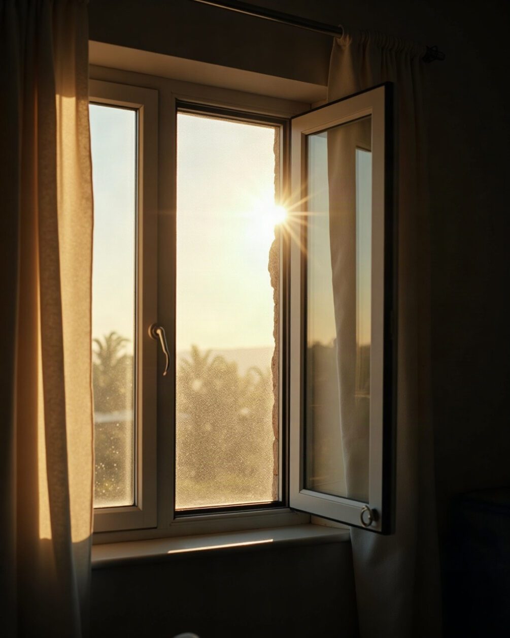 A sunlit window frame and glass seen from inside, dust motes in the light